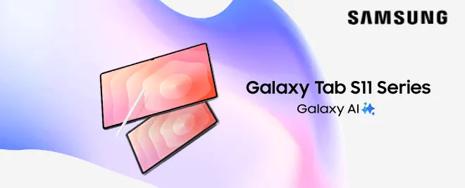 Banner de tablets Samsung Galaxy Tab S11 Series con fondo degradado en tonos rosa y azul y texto “Galaxy AI”