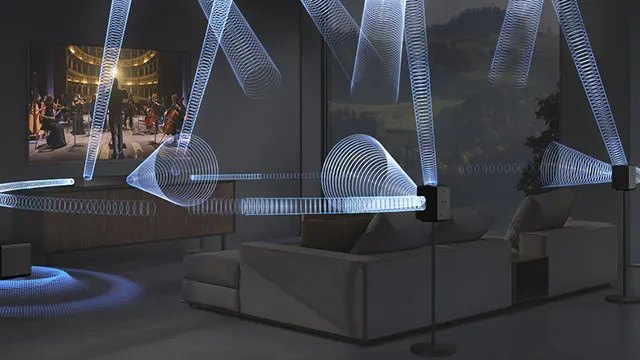 Luces en espiral simulan el recorrido del sonido envolvente en una sala moderna con sofá, televisor y decoración elegante.