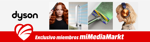 Productos Dyson: moldeador de pelo, ventilador, fregona y auriculares, con logo Dyson y texto “Exclusivo miembros miMediaMarkt” sobre banda roja.