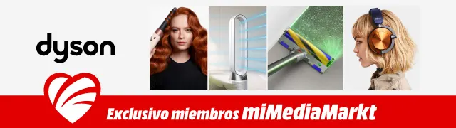 Productos Dyson: moldeador de pelo, ventilador, fregona y auriculares, con logo Dyson y texto “Exclusivo miembros miMediaMarkt” sobre banda roja.