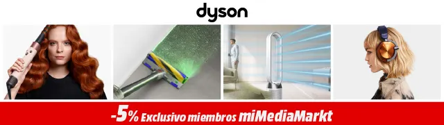 Anuncio de MediaMarkt con productos Dyson. El anuncio muestra una plancha para el pelo, un purificador de aire y auriculares.