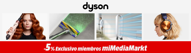 Anuncio de MediaMarkt con productos Dyson. El anuncio muestra una plancha para el pelo, un purificador de aire y auriculares.