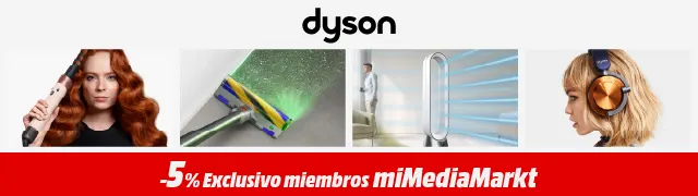 Anuncio de MediaMarkt con productos Dyson. El anuncio muestra una plancha para el pelo, un purificador de aire y auriculares.
