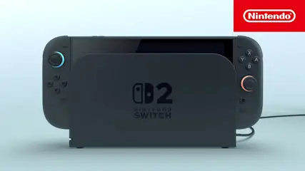 Consola Nintendo Switch en base negra con logo y mandos con botones de colores sobre fondo celeste, y logo de Nintendo en rojo.