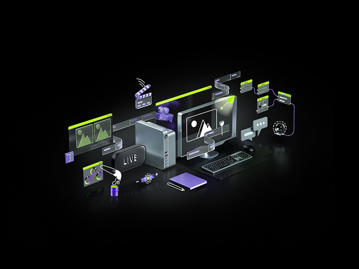 Escena digital con ordenador, teclado, ratón, tableta gráfica y herramientas de edición, todo sobre un fondo negro.