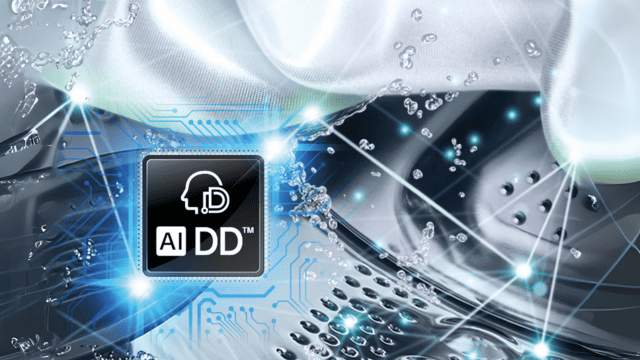 Tecnología AI DD de LG con tambor y fibras iluminadas en fondo tecnológico.