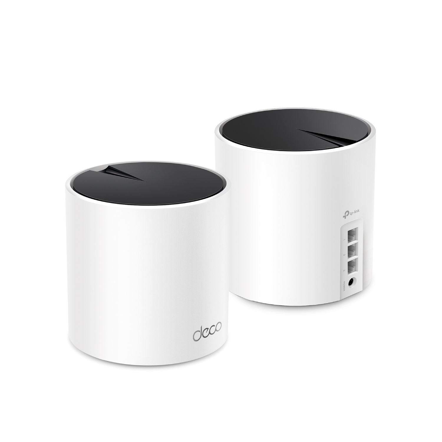 Dos dispositivos cilíndricos blancos con tapas negras sobre un fondo blanco. En un dispositivo se ven puertos.