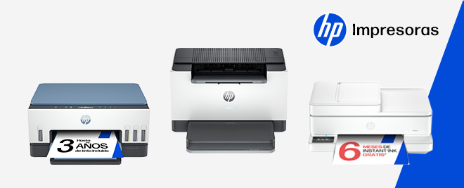 Banner de impresoras HP con tres modelos en fila; textos promocionales de 3 años de garantía y 6 meses de Instant Ink gratis.