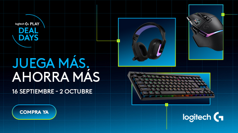 Banner promocional de Logitech con fondo azul oscuro y diseño tecnológico. Muestra unos auriculares, un ratón y un teclado, junto a los textos «DEAL DAYS», «JUEGA MÁS. AHORRA MÁS», «16 SEPTIEMBRE – 2 OCTUBRE» y un botón «COMPRA YA». Incluye el logotipo de Logitech en la esquina inferior derecha.