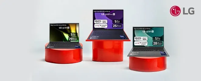Portátiles LG gram expuestos sobre pedestales rojos con pantallas encendidas, sobre fondo gris claro y logotipo de LG en la esquina superior derecha.