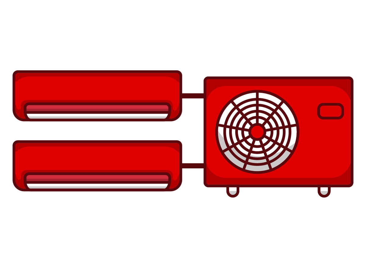 Dos unidades interiores rojas de aire acondicionado conectadas a una unidad exterior roja con ventilador circular.