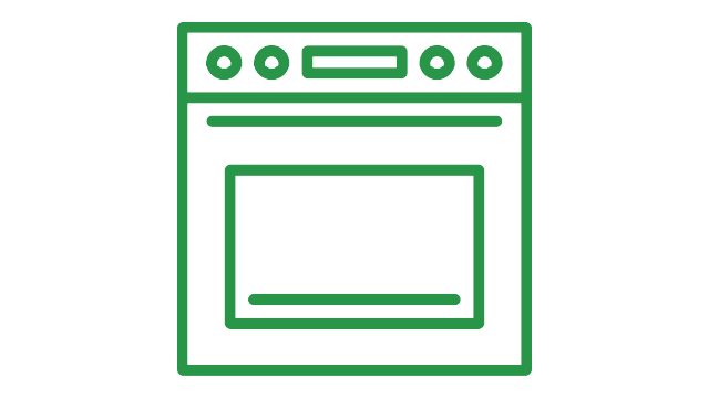 Un icono verde de un horno con controles y una puerta rectangular sobre un fondo blanco.