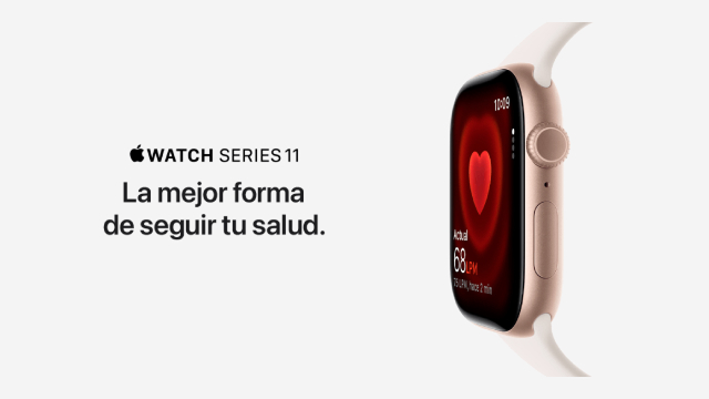 Banner del Apple Watch Series 11: reloj rosado en primer plano mostrando medición de ritmo cardíaco sobre fondo claro; texto “La mejor forma de seguir tu salud.”