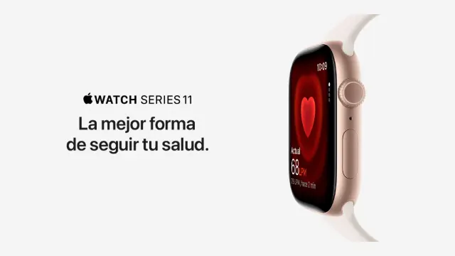 Banner del Apple Watch Series 11: reloj rosado en primer plano mostrando medición de ritmo cardíaco sobre fondo claro; texto “La mejor forma de seguir tu salud.”