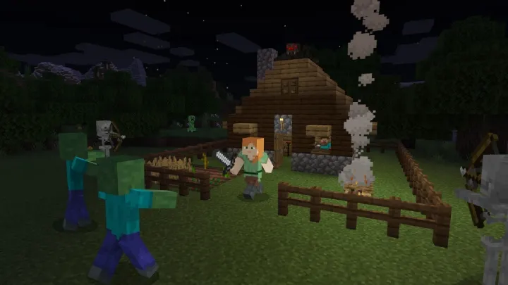 En Minecraft, una figura con espada está rodeada de zombis y esqueletos frente a una casa de madera con valla y fogata.