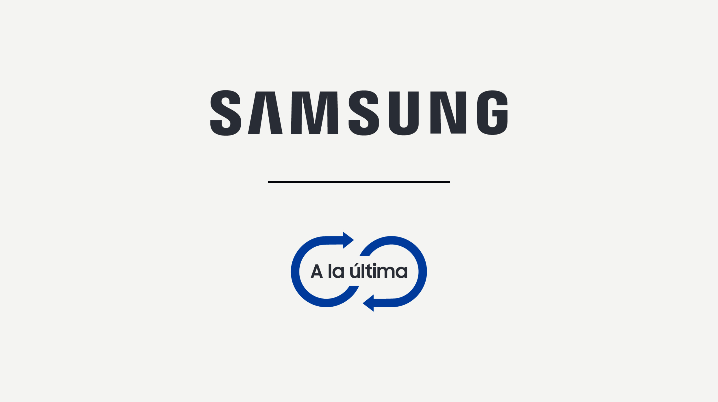 Logotipo de Samsung en azul oscuro sobre fondo crema, con línea y símbolo circular con texto "A la última".