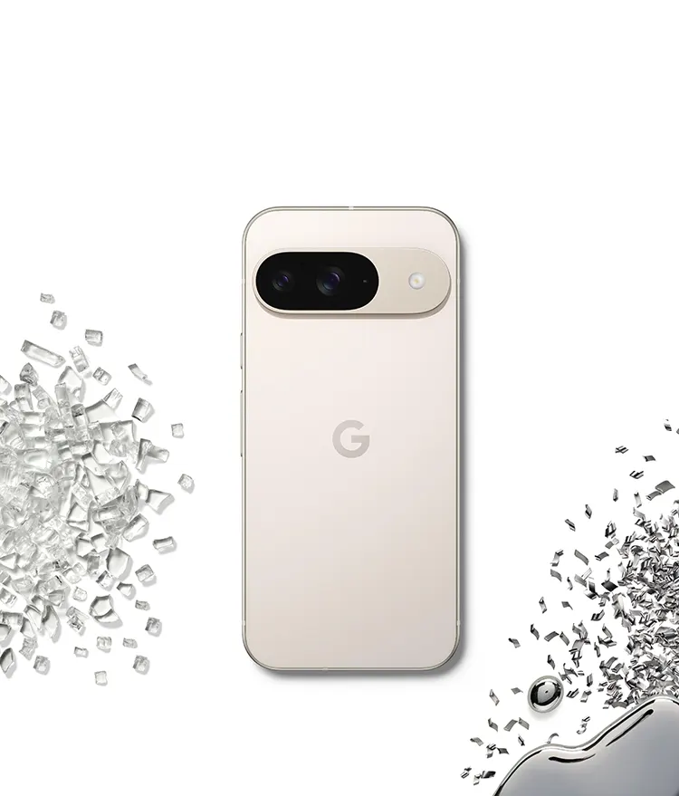 Teléfono blanco con cámara negra horizontal y logo "G", sobre un fondo blanco con fragmentos brillantes.