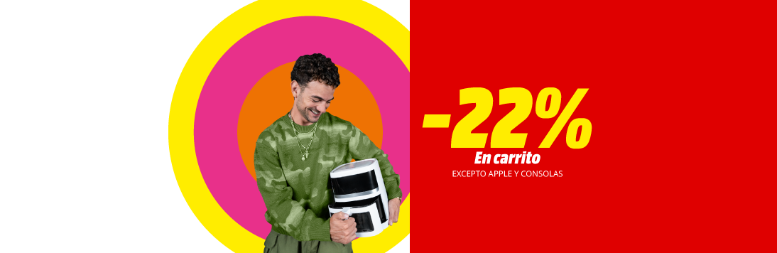 Single's day: -22% en carrito. Persona con sudadera verde sostiene un producto ante fondo con círculos de colores.