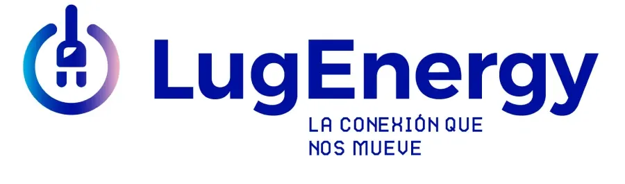 El logo de LugEnergy con un enchufe dentro de un círculo y el eslogan "La conexión que nos mueve" en azul sobre fondo blanco.