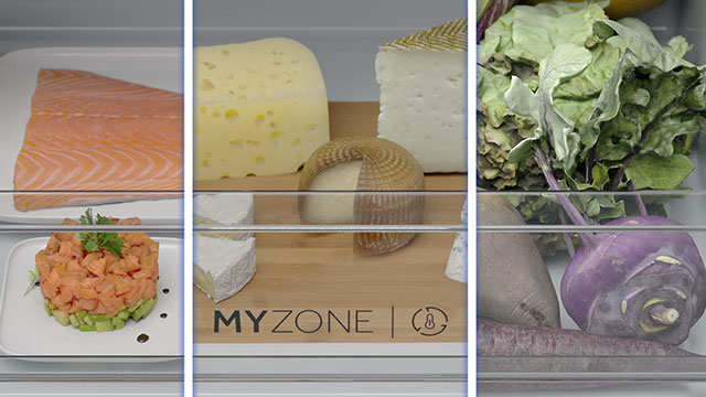 Compartimento “MyZone” con pescado, quesos y verduras.