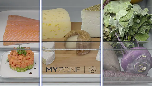 Compartimento “MyZone” con pescado, quesos y verduras.