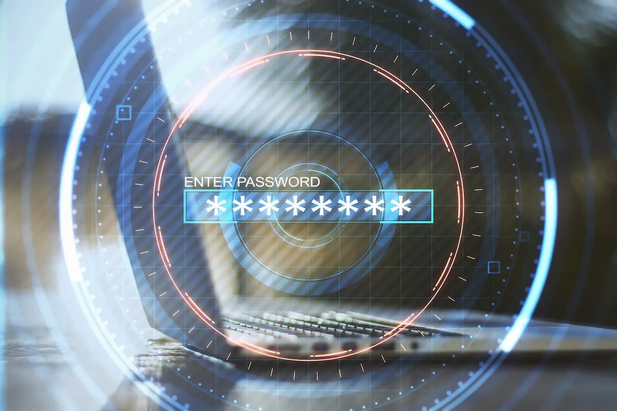 Pantalla digital con campo de contraseña protegida y símbolo de seguridad.