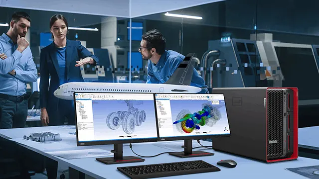 Tres personas examinan un modelo de avión sobre una mesa con dos monitores, un teclado, un ratón y una torre de ordenador.