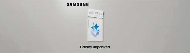 Caja blanca de Samsung Galaxy Unpacked con logo de estrella azul en el centro, etiqueta con código de barras superior, sobre fondo gris