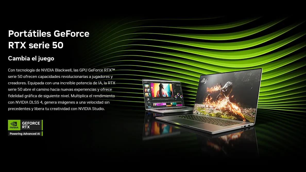 Dos portátiles plateados sobre una superficie negra brillante con un fondo abstracto de líneas verdes y negras.