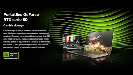 Dos portátiles plateados sobre una superficie negra brillante con un fondo abstracto de líneas verdes y negras.