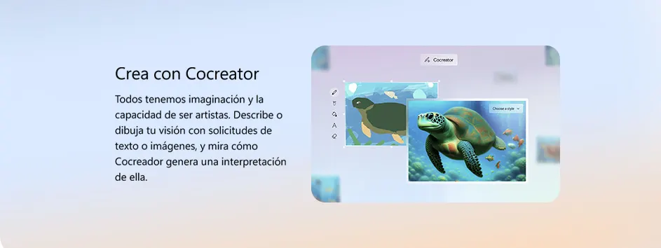 Texto con título "Crea con Cocreator" y descripción sobre creación con texto o imágenes. A la derecha, dos tortugas bajo el agua.