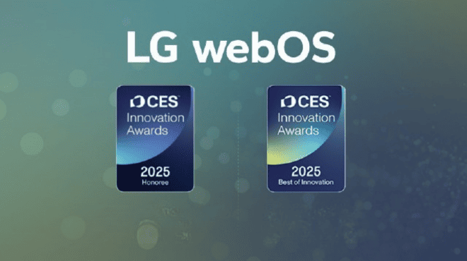 Logos de LG webOS junto a dos medallas CES Innovation Awards 2025 que destacan sus premios a la innovación.