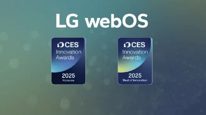 Logos de LG webOS junto a dos medallas CES Innovation Awards 2025 que destacan sus premios a la innovación.