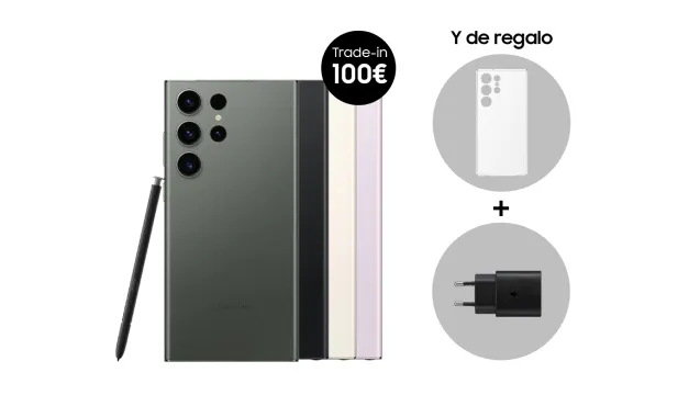 Teléfono verde con lápiz y tres teléfonos de colores apilados. Promoción de trade-in y regalo de cargador y otro teléfono.