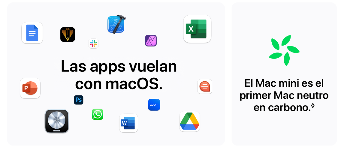 Iconos de aplicaciones macOS rodean el texto "Las apps vuelan con macOS". A la derecha, un logo verde con texto sobre el Mac mini neutro en carbono.