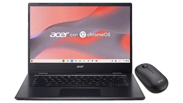Visión frontal del Portátil - Acer Chromebook 314 CBOA314-1H-C065 con el logo de Chrome Os y mousse