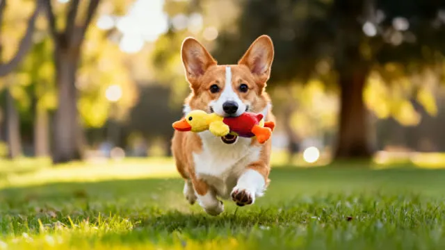 Perro corgi corriendo por la hierba con un juguete de colores en la boca.