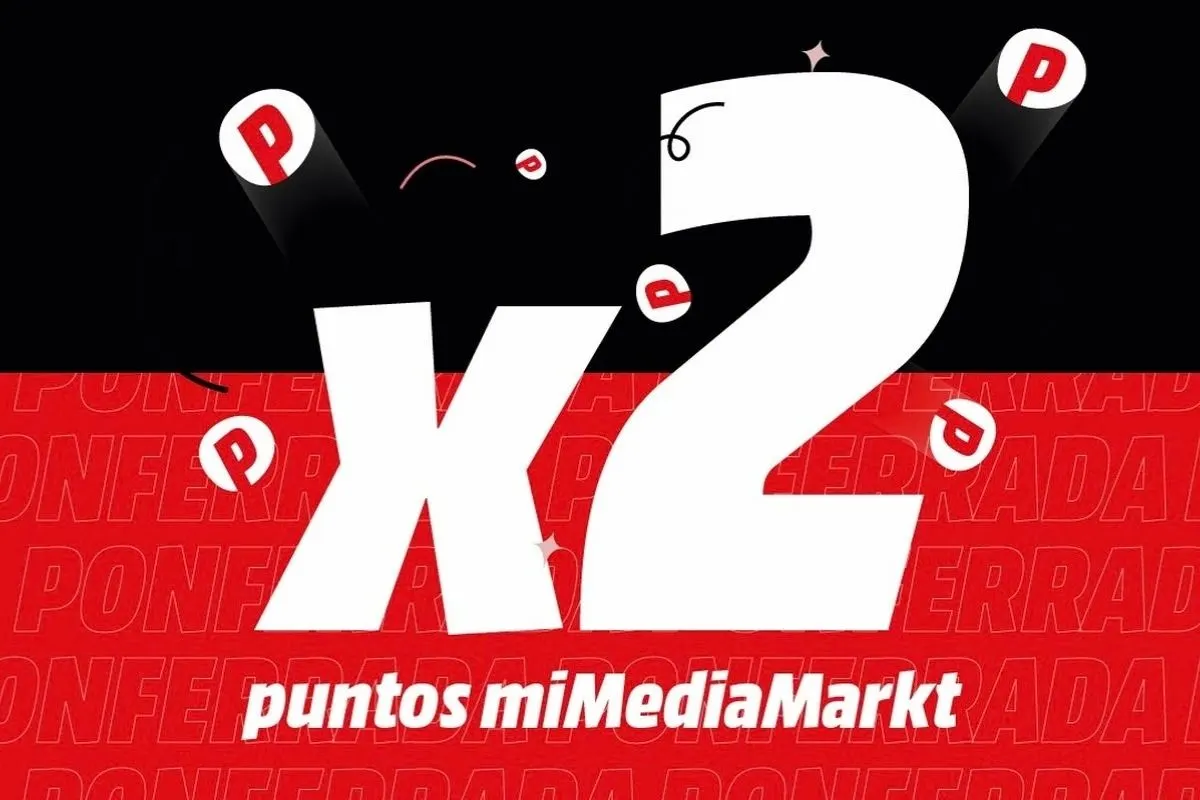Ilustración con un gran número 2 y el logo de puntos miMediaMarkt sobre fondo negro y rojo, anunciando el doble de puntos en la apertura de Ponferrada.