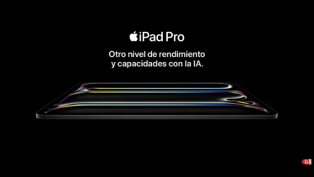iPad Pro visto de perfil sobre fondo negro, con texto "Otro nivel de rendimiento y capacidades con la IA."