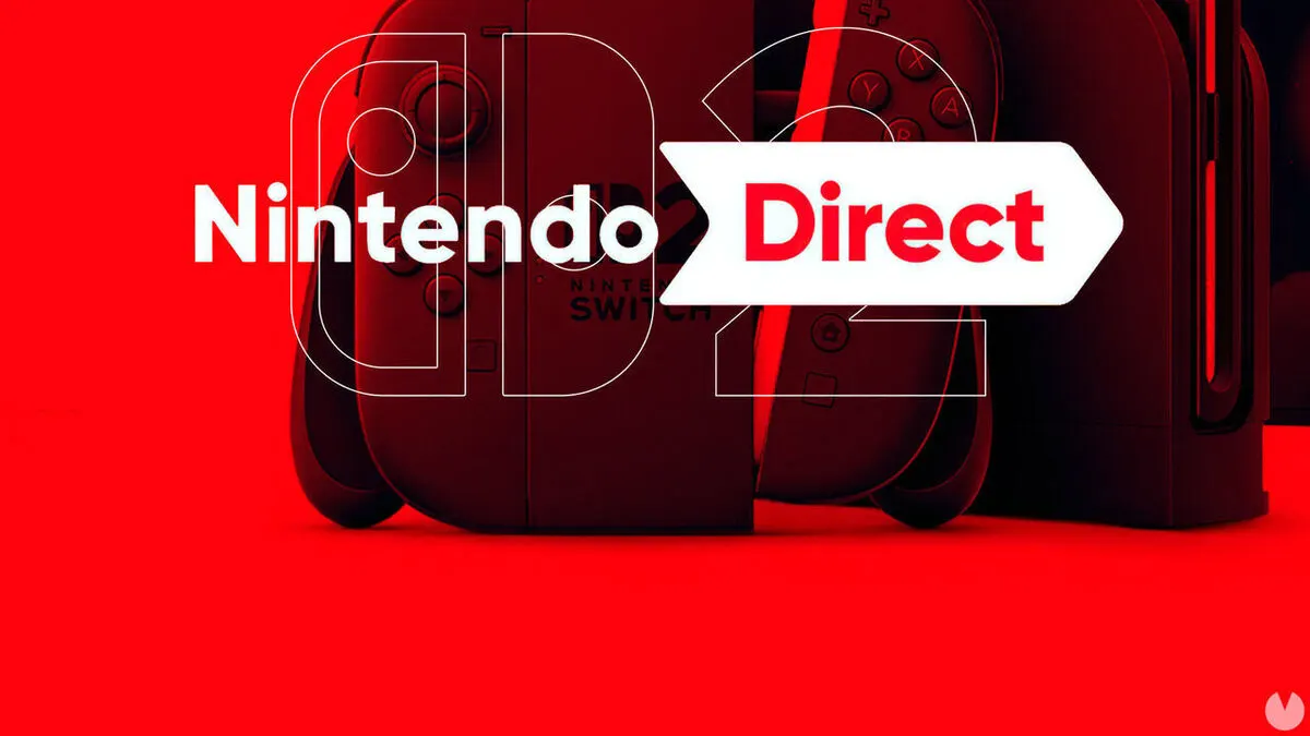 Texto rojo con consolas Nintendo Switch a los lados y la leyenda "Nintendo Direct" en blanco.