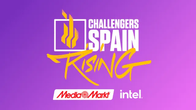 Fondo morado con texto blanco "CHALLENGERS SPAIN", un icono dorado y la frase "RISING" dorada. Abajo, logos de MediaMarkt e Intel.
