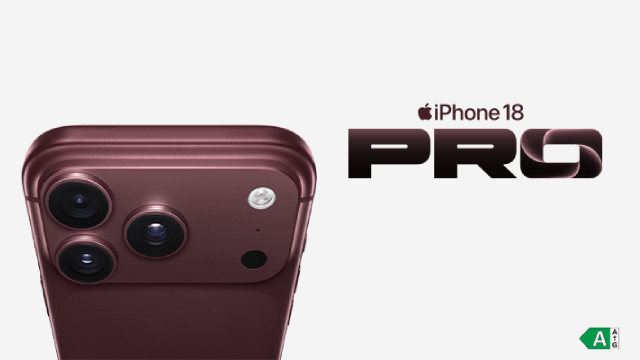 iPhone 18 Pro de Apple: Smartphone granate con triple cámara trasera, flash y sensor adicional; texto «iPhone 18 Pro».