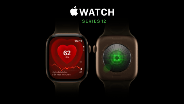 Apple Watch Series 12: Dos relojes inteligentes; uno muestra el ritmo cardíaco y otro una medición de salud con luz verde.