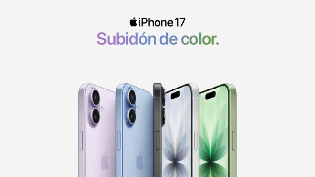 Banner del iPhone 17: cuatro teléfonos en colores lila, azul, gris/negro y verde sobre fondo claro, con el texto “iPhone 17” y “Subidón de color.” en degradado.