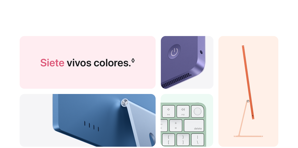 Varios componentes de un ordenador: pantalla azul, teclado verde, parte trasera morada y texto que dice "Siete vivos colores".