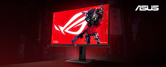 Monitor gaming ASUS ROG con pantalla roja, logo ROG y personaje robótico, sobre fondo oscuro con logo ASUS en la esquina.