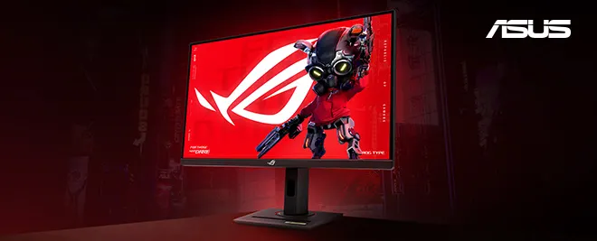 Monitor gaming ASUS ROG con pantalla roja, logo ROG y personaje robótico, sobre fondo oscuro con logo ASUS en la esquina.