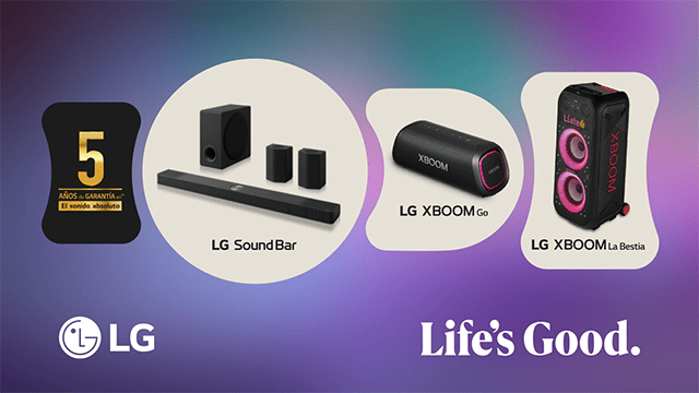 Fondo morado con altavoces LG: barra de sonido, subwoofer, altavoces XBOOM Go y La Bestia, logo LG y texto "Life's Good".