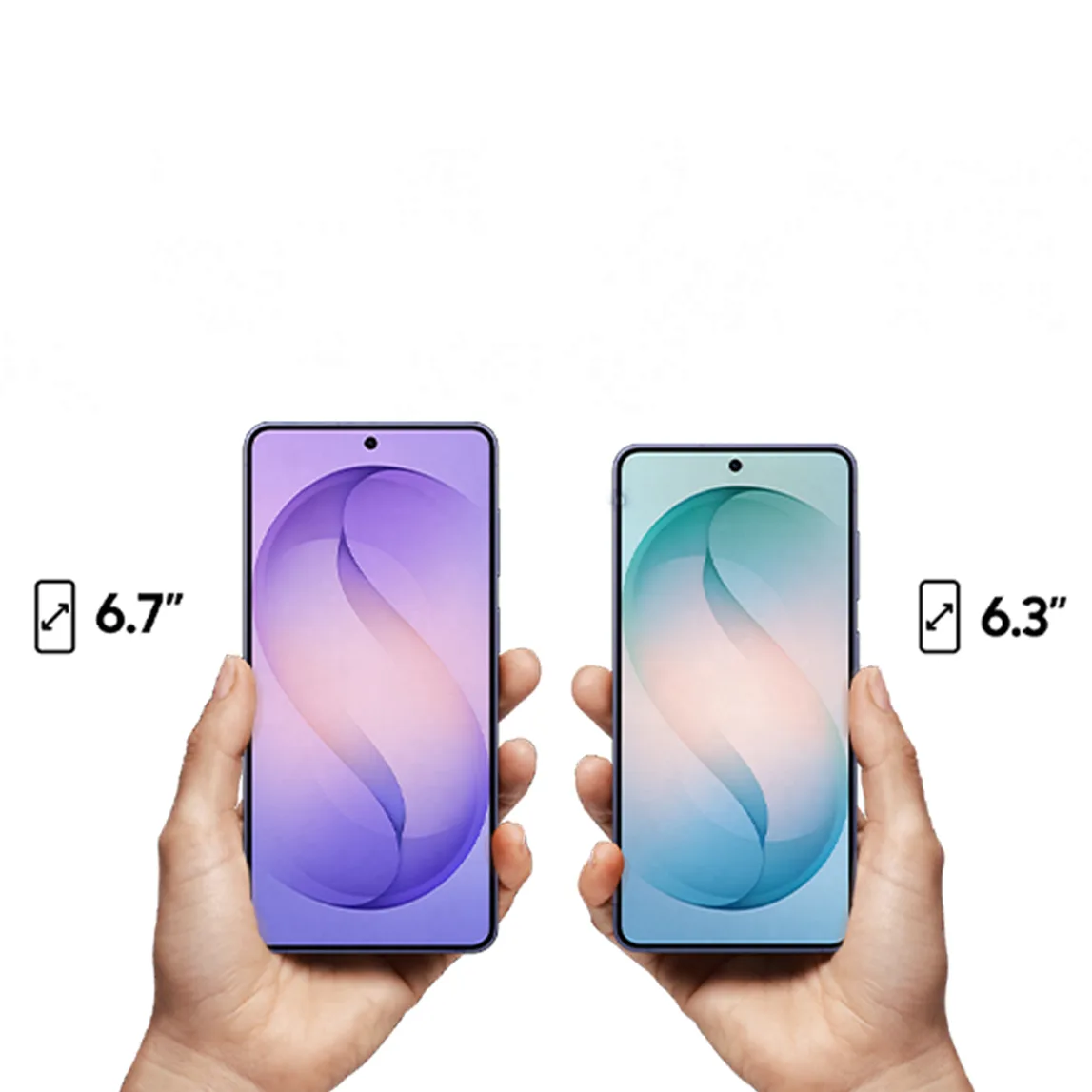Samsung Galaxy S26+ de 6,7 polegadas e Galaxy S26 de 6,3 polegadas de portavel, comparando tamanhos de tela
