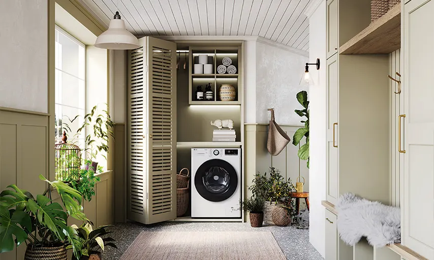 Habitación de lavandería con lavadora blanca y armario abierto. Hay plantas, toallas y objetos decorativos. Los armarios son de color crema.